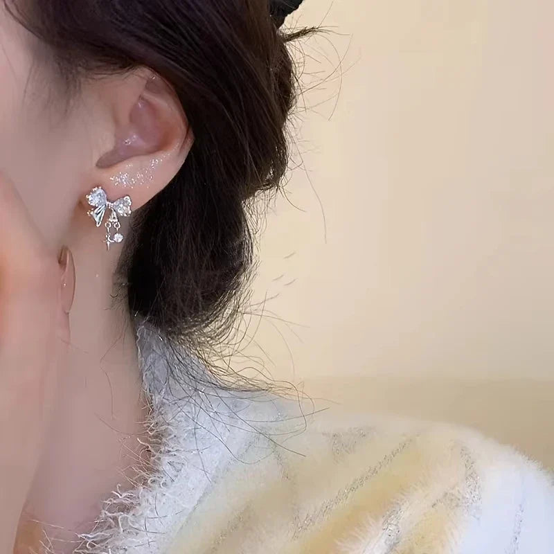 New Y2K Bowknot Zircon Stud Earrings for Women Fashion Korean Silver Color Pink Crystal Personality Earring Party Jewelry Gifts