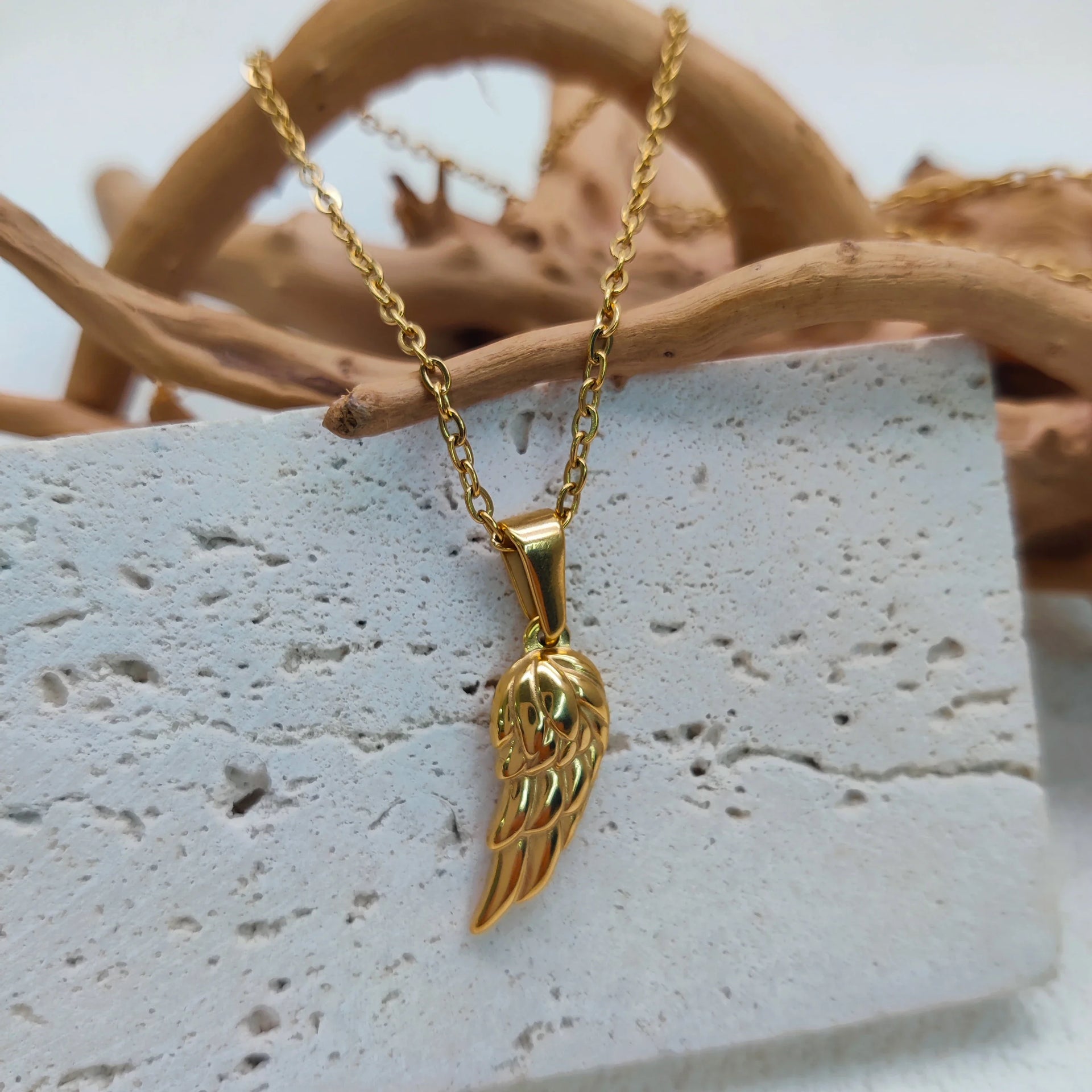 18K Gold Plated Angel Wing Pendant Necklace - Vintage Feather Design for Men, Stainless Steel Chain Jewelry Gift