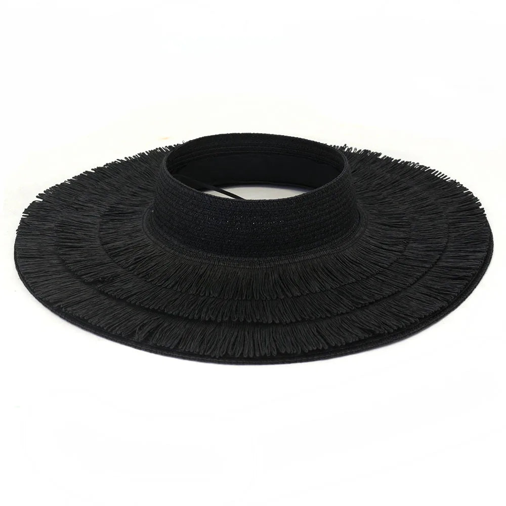 Women's Straw Fringed Open-Top Sun Visor Hat for Summer Beach - Image 17