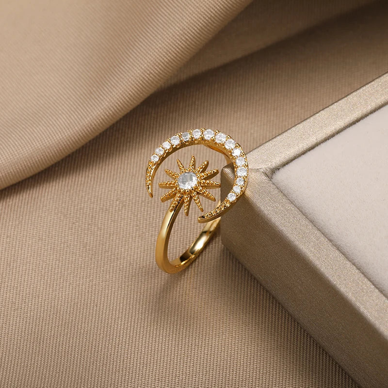 Zircon Star Moon Rings For Women Gold Color Stainless Steel Geometric Star Moon Ring Engagement Wedding Christmas Jewelry Gift