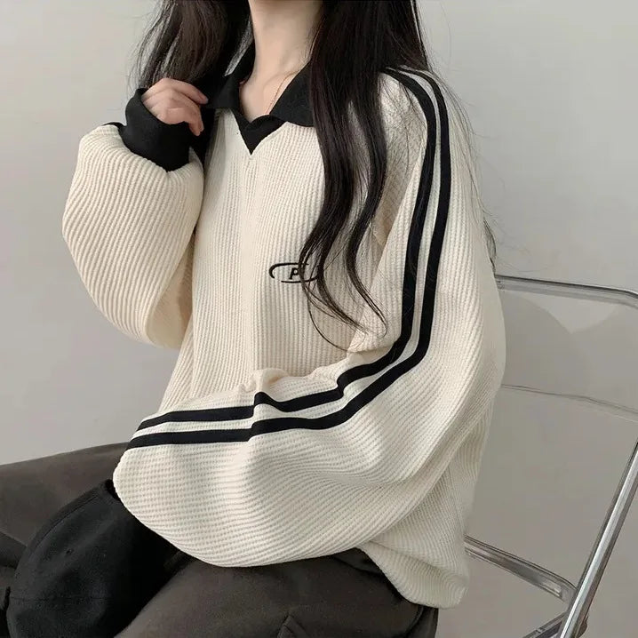Women Long Sleeve Polo Pullover Sweater Striped Casual Top - Image 5