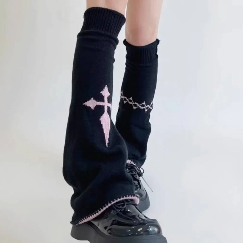 Y2K Punk Knitted Leg Warmers Black White Heart Star Argyle Style - Image 8