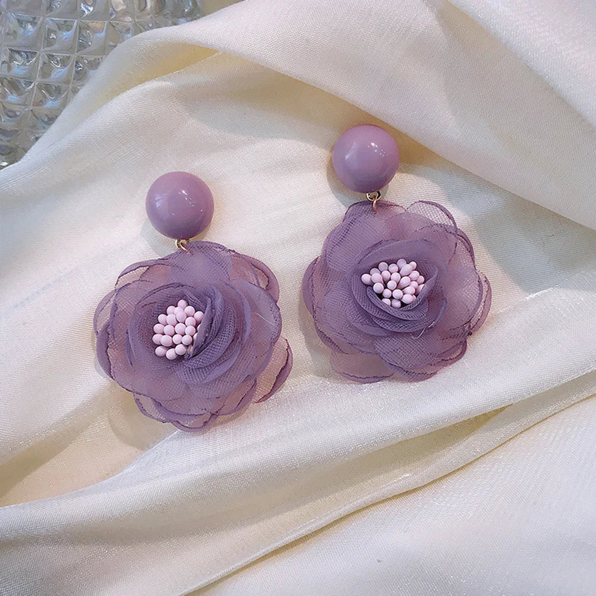 Needle Soft Snowflake Lace Flower Girl Soft Purple Milk Fruit Green Flower Dewdrop Earrings Ear Clips Fresh Sweet Style Ear Stud