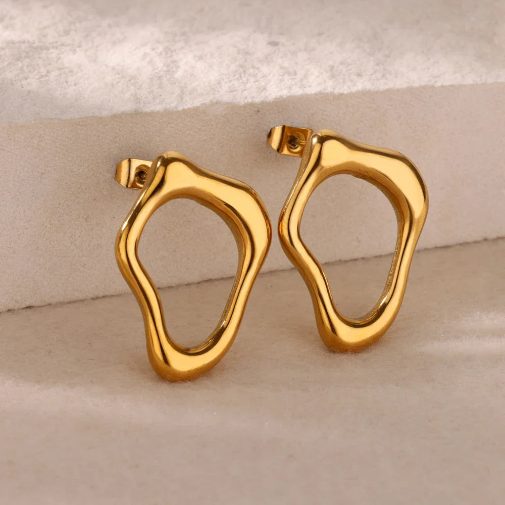 Irregular Hollow Cute Stainless Steel Stud Earrings for Women Gold Color Wedding Aesthetic Irregular Texture Earring Jewelry BFF