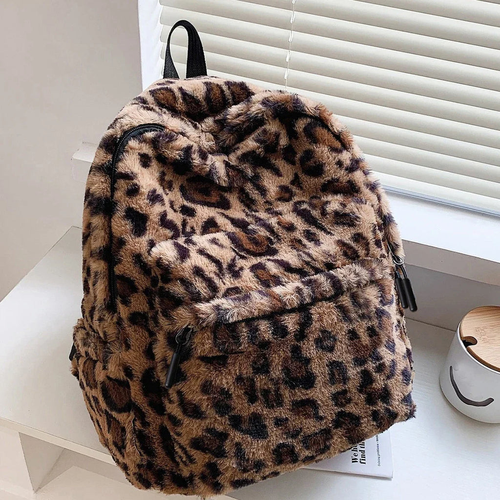 Luxury Brown Leopard Plush Backpack Purse  Large Capacity