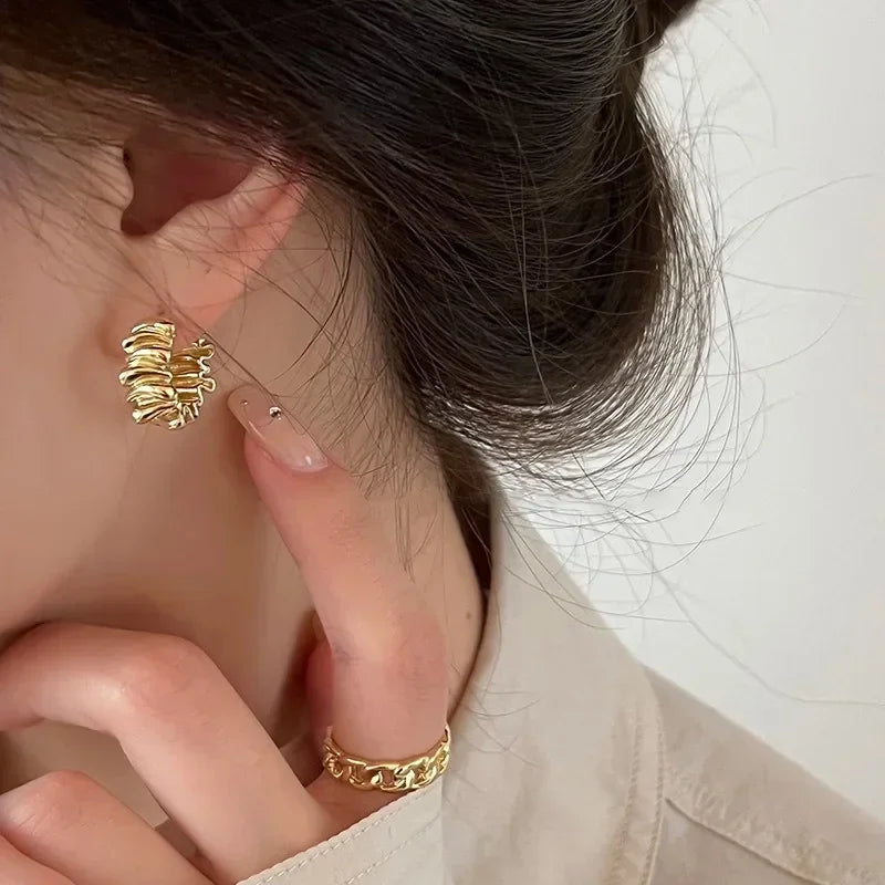 Personality Irregular Wavy Pleated Hoop Earrings for Women New Charm Gold Color Stainless Steel Dangle Jewelry Accessories Gift