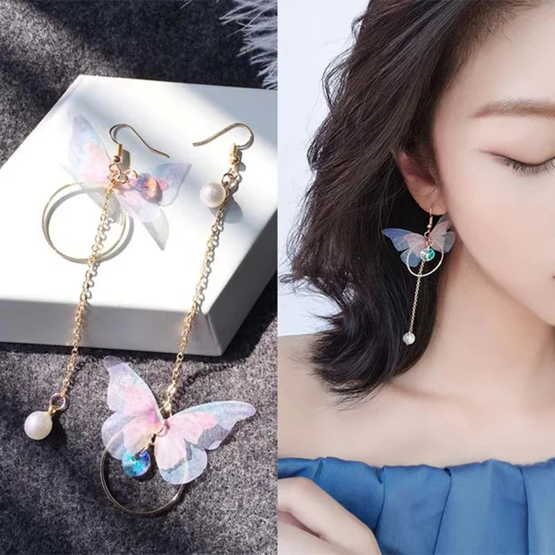Elegant Purple Glass Butterfly Long Tassel Earrings for Women Delicate Rhinestone Crystal Insect Earrings Luxury Party Jewelry