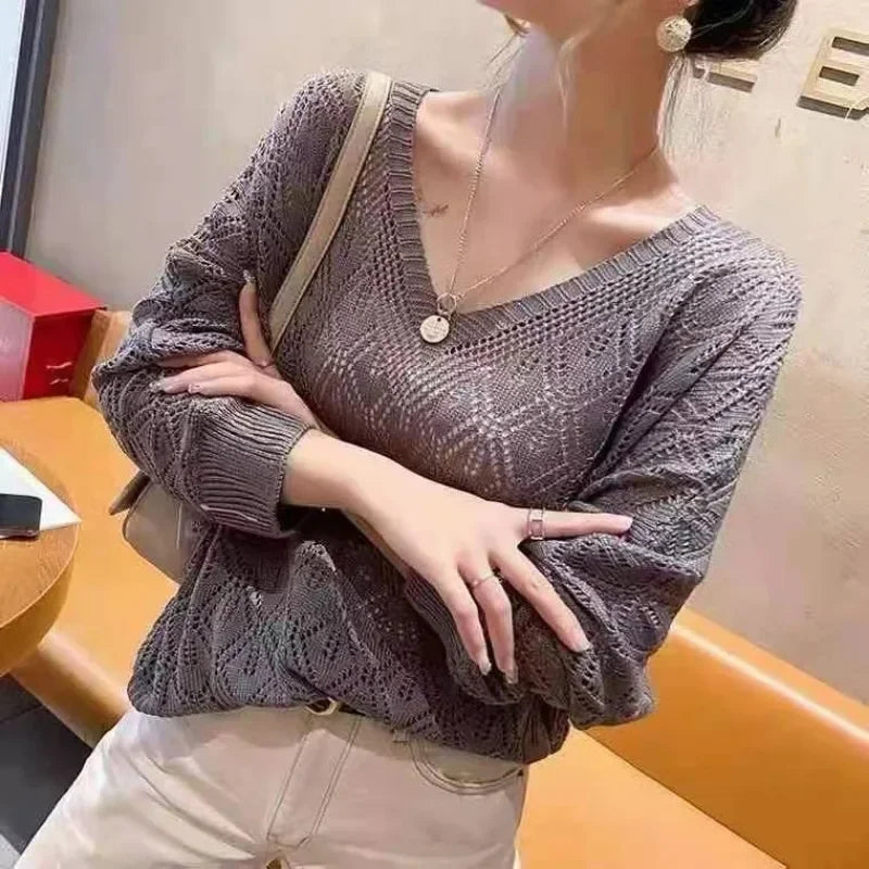 Women's V-Neck Crochet Hollow Knit Pullover Sweater Long Sleeve - Image 9