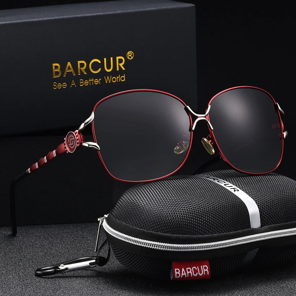 Oversized elliptical black frame sunglasses with mirrored detailing