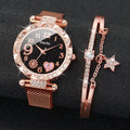 2PCS Fashion Women's Watches Set Magnet Buckle Mesh Strap Analog Quartz Watch Star Bracelet Set Reloj Mujer