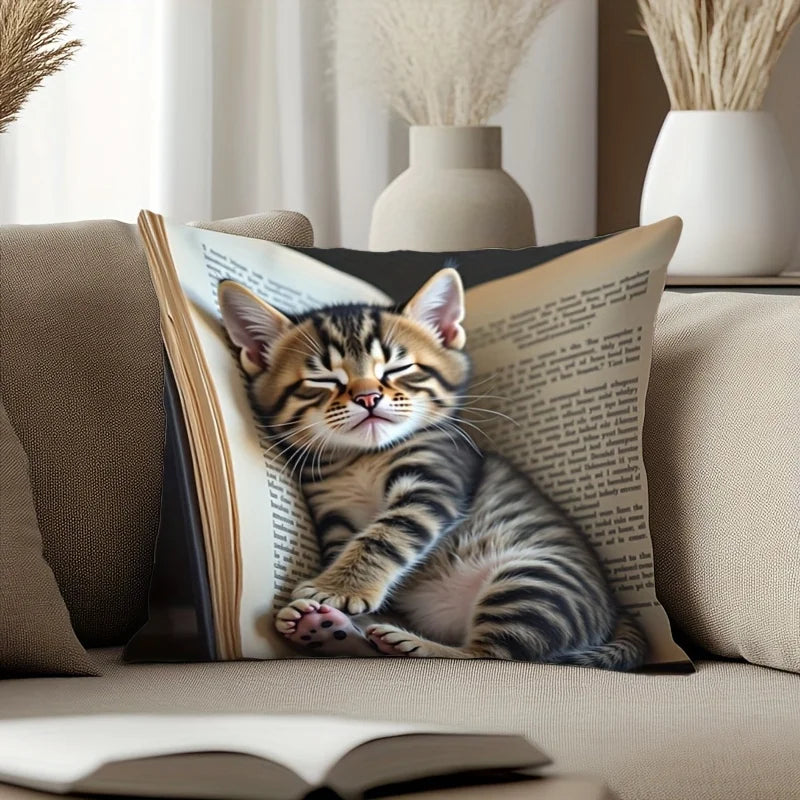 VIKAMA Creative Sleeping Cat Fashion Design Printed Pillowcase, Machine Washable, Indoor Sofa Home Cushion Pillowcase