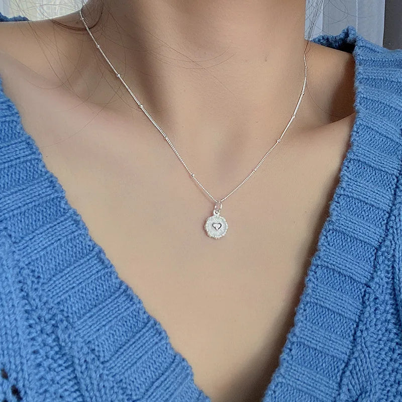 VENTFILLE 925 Sterling Love Heart Texture Bead Necklace for Women Girl Stereoscopic Design Double Sided Jewelry Gift Wholesale