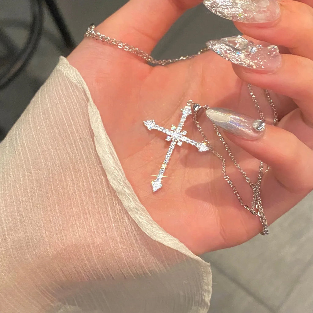 925 Sterling Silver Neck Chain Cross Zircon Necklaces Women Jewelry Exquisite Elegant Aesthetic Charms Accessories Argent 925