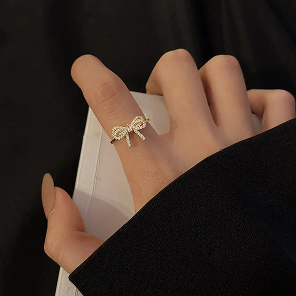 Yupsk Korean Fashion Micropaved Crystal Zirconia Bow Ring for Women Girls Exquisite Ins Trendy Minimalist Finger Rings Jewelry