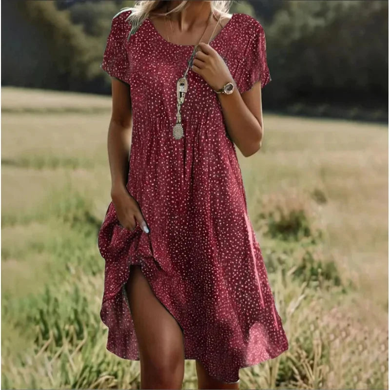 Women's Ethnic Print Midi Dress Summer Round Neck Casual Style - Image 19