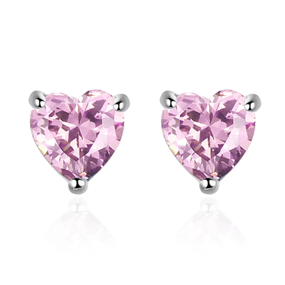 925 Sterling Silver Pink Red White Purple Heart Zircon Stud Earrings For Women Engagement Piercing Jewelry Accessories Money 925