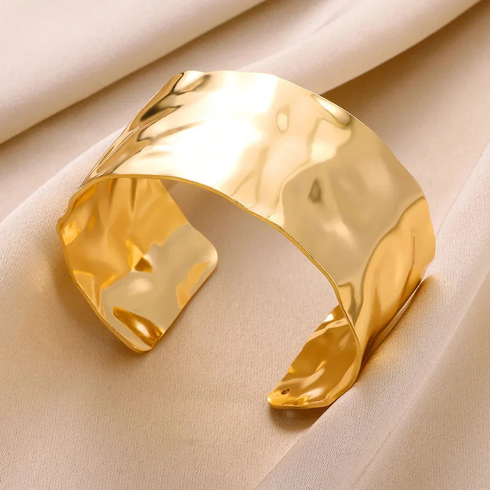 Classic Wrinkle Texture Openning Bangle Bracelet For Women Exquisite Cuff Bracelet Gold Color Stainless Steel Hand Ornament Gift