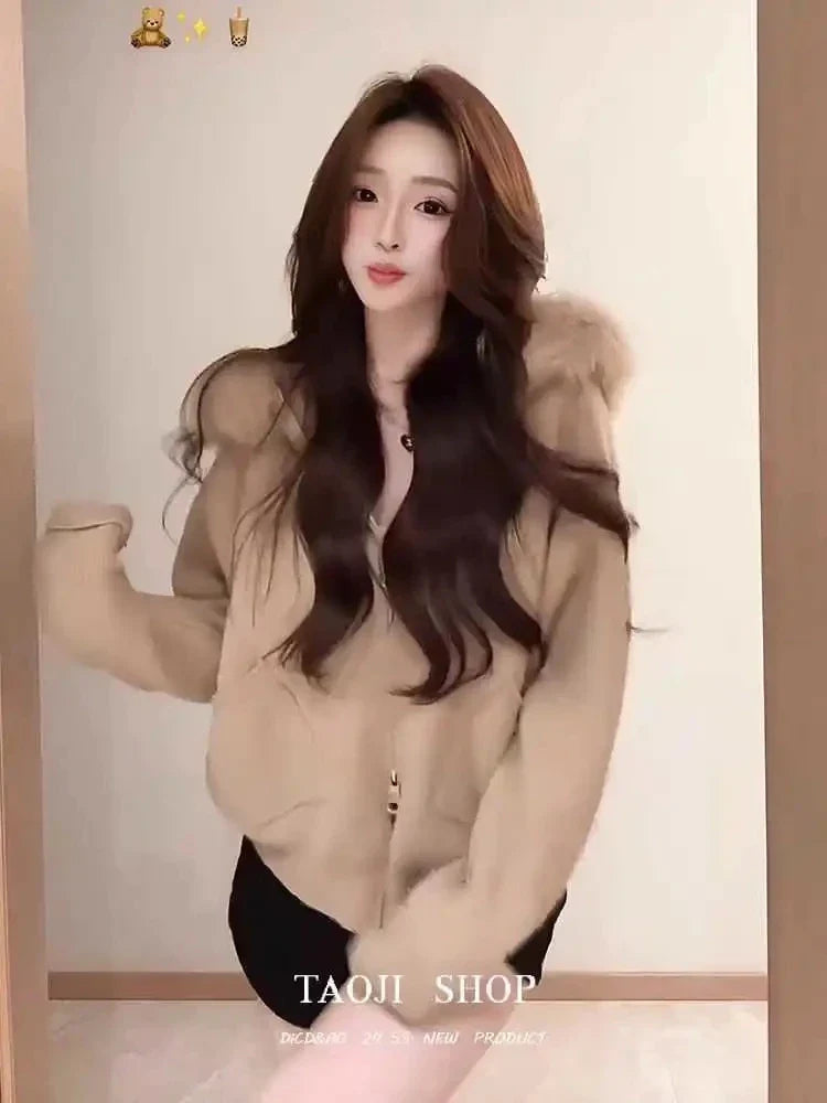 Women's Loose Hooded Faux Fur Trim Zipper Jacket - Image 3