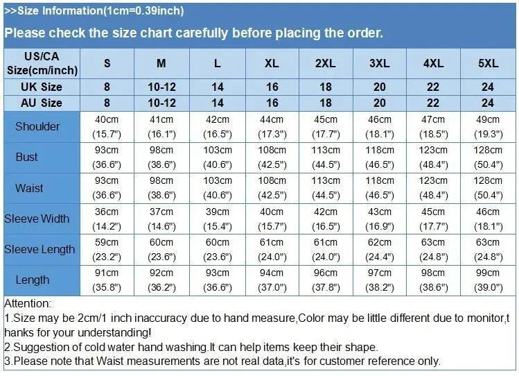 Size chart for clothing with measurements in centimeters and inches.