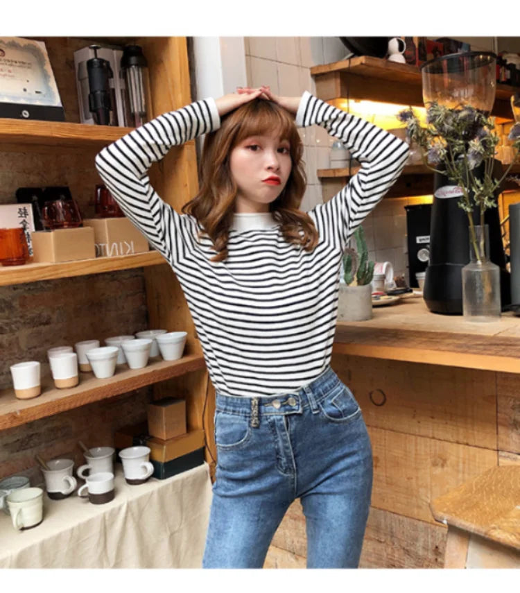Women Striped Mock Neck Long Sleeve Ribbed Knit Pullover Sweater - Image 13