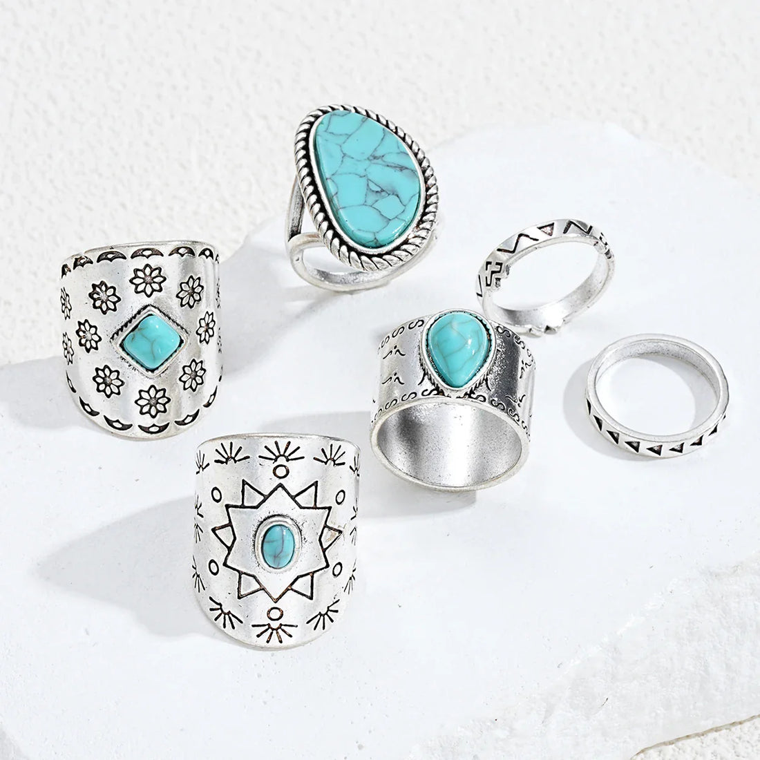 10pcs Trendy Western Style Rings Set for Women Men Vintage Turquoise Bull Head Lotus Sun Design Ring Daily Outfits Jewelry Gifts