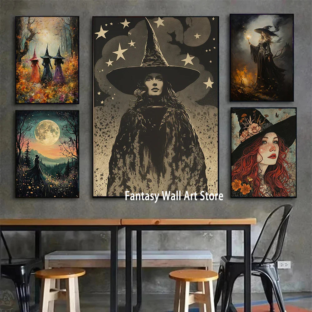 Magical witch and full moon art print on a gallery wall setting