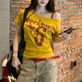 Women’s Summer Letter Print Skew Collar Short Sleeve T-Shirt - Image 2
