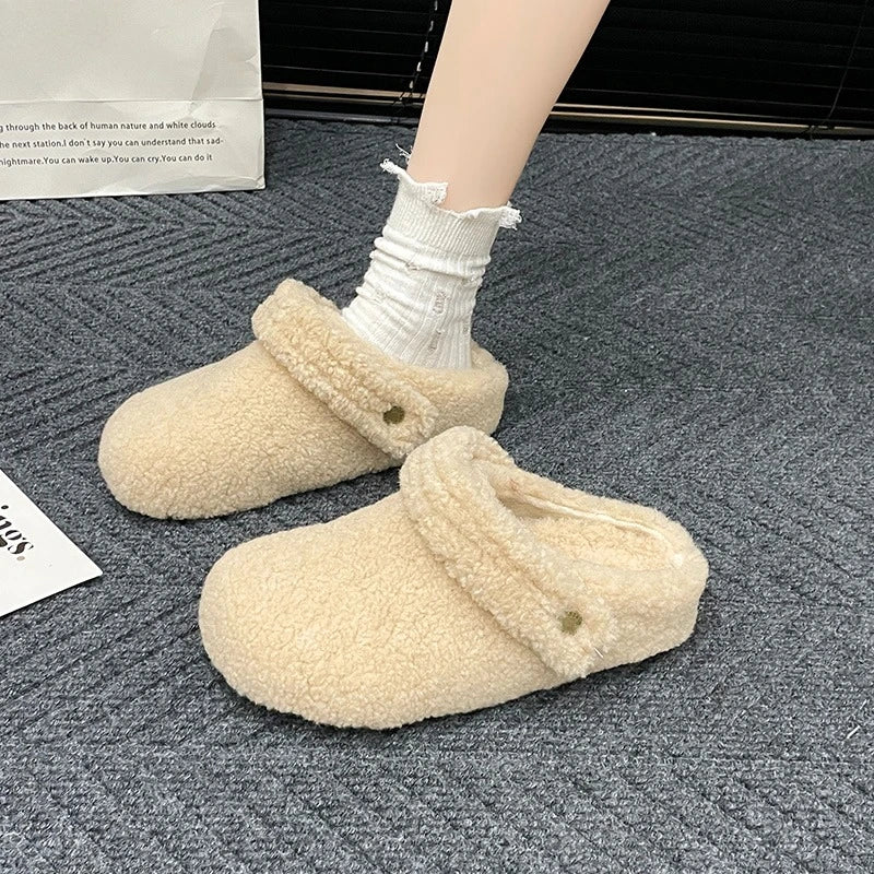 Winter Cotton Fluffy Slippers Plush Flat Slip-On House Shoes