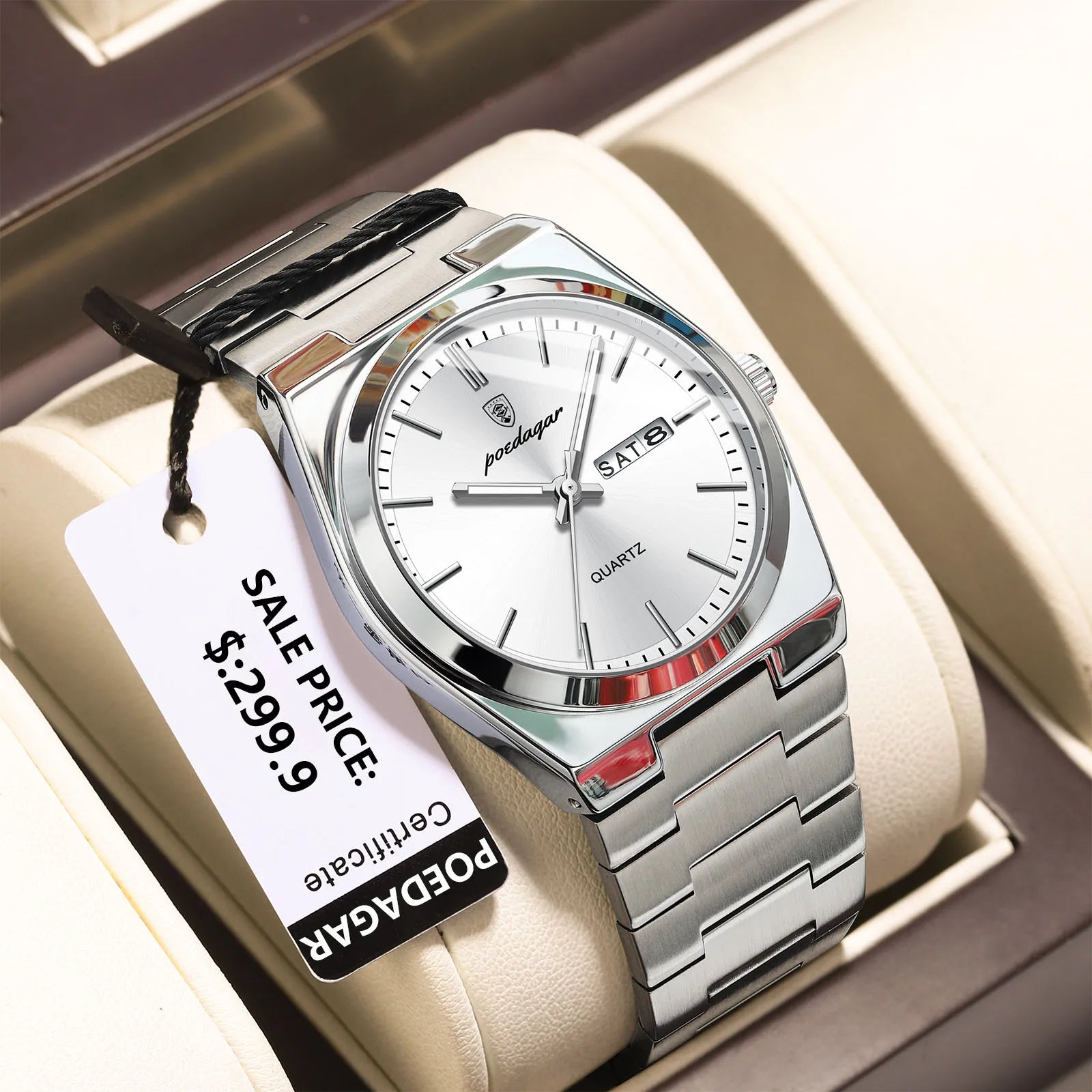 POEDAGAR Luxury Business Man Wristwatch Waterproof Luminous Stainless Steel Men Watch Date Week Fashion Quartz Men's Watches+Box