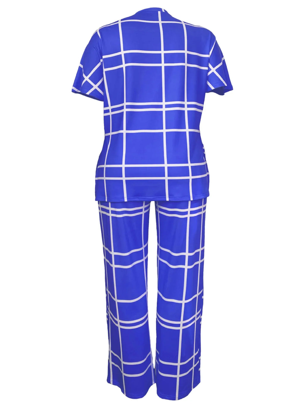 Women's Striped Grid Print Casual Two Piece Short Sleeve Set - Image 23