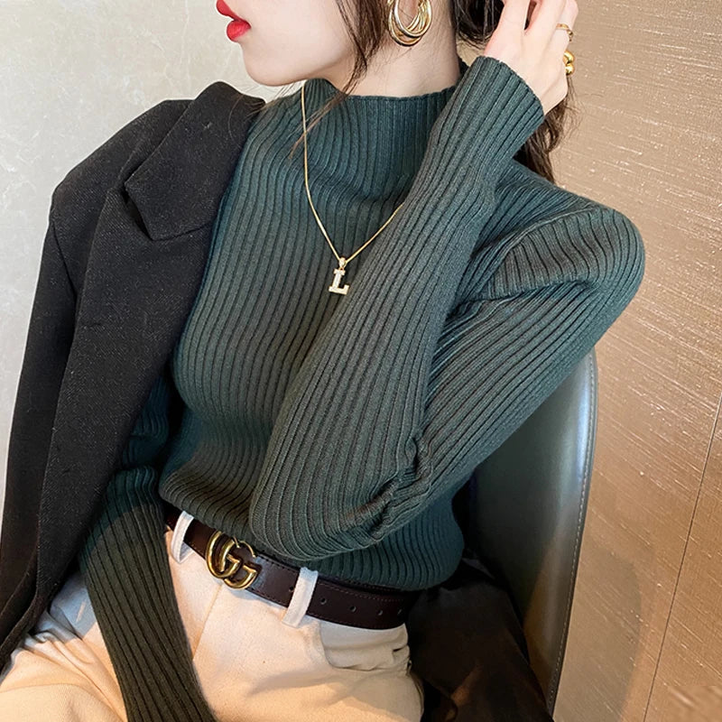 Women Mock Neck Ribbed Knit Pullover Long Sleeve Slim Fit Sweater - Image 8