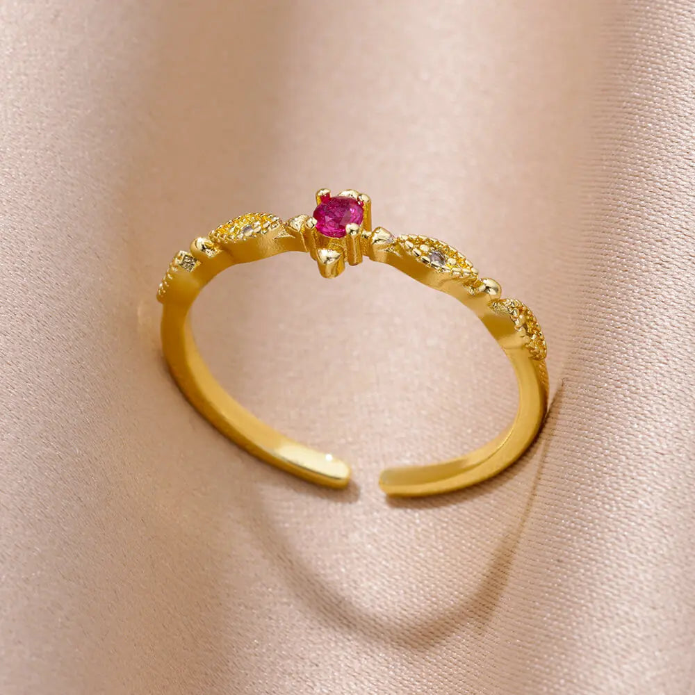 Gold Color Stainless Steel Ring for Women Colorful Cubic Zircon Heart Opening Adjustable Ring Fashion Jewelry Wedding Gift