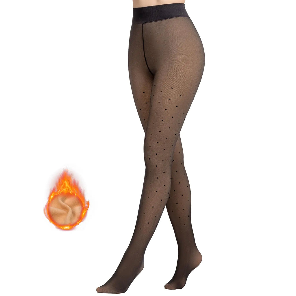 MANZI Womens Polka Dots Fleece Lined Faux Sheer Black Warm Tights Patterned Fake Translucent Winter High Waisted Thick Thermal Stockings L/XL