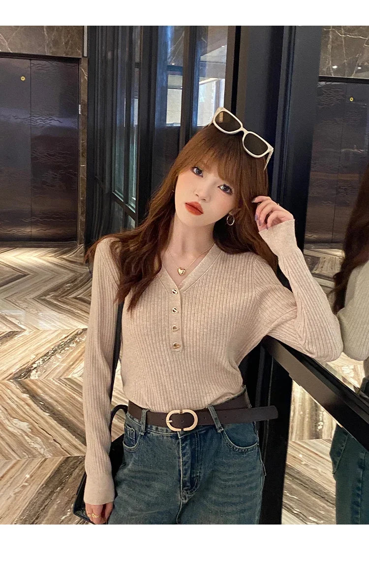 Women Beige Ribbed Button Down Long Sleeve Knitted Pullover Top - Image 22