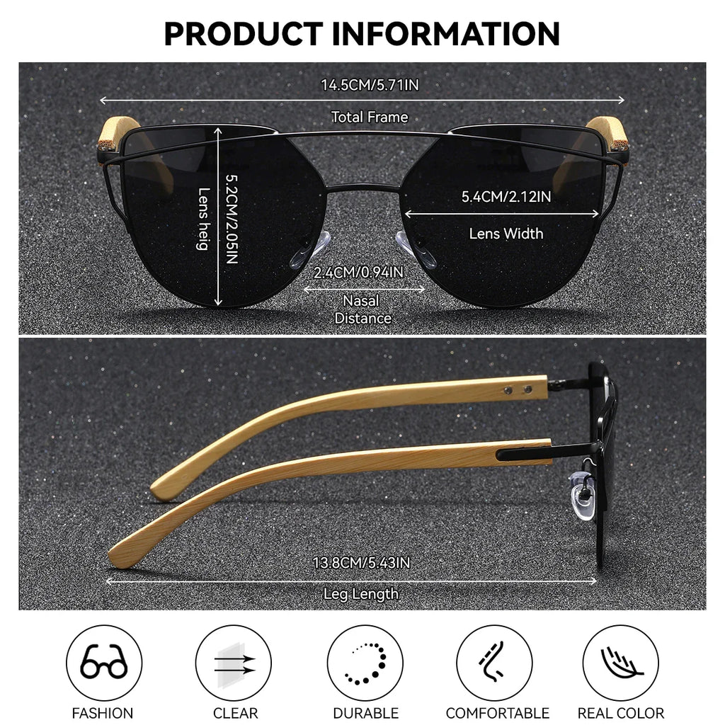 Luxury Cat Eye Polarized Sunglasses with Bamboo Temples
