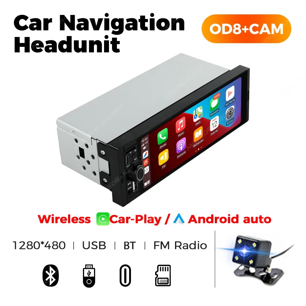 1-DIN Car Stereo with 6.86" Touch Screen – Wireless CarPlay & Android Auto