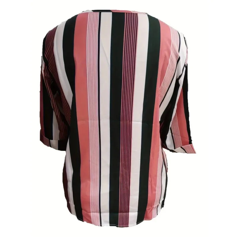 Women's Casual Striped Print Round Neck Short Sleeve Tee - Image 2