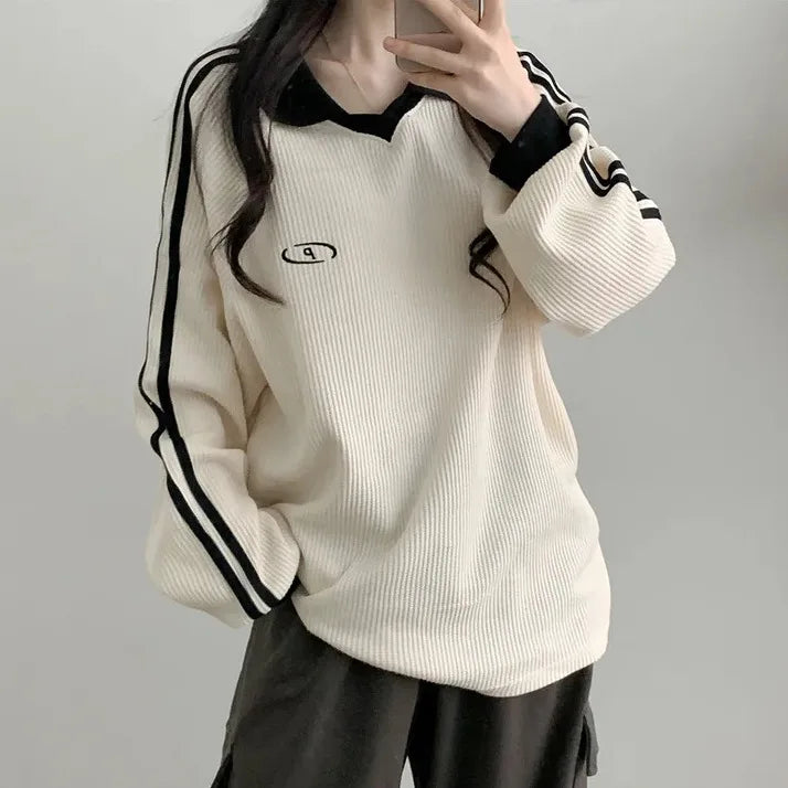 Women Long Sleeve Polo Pullover Sweater Striped Casual Top - Image 6