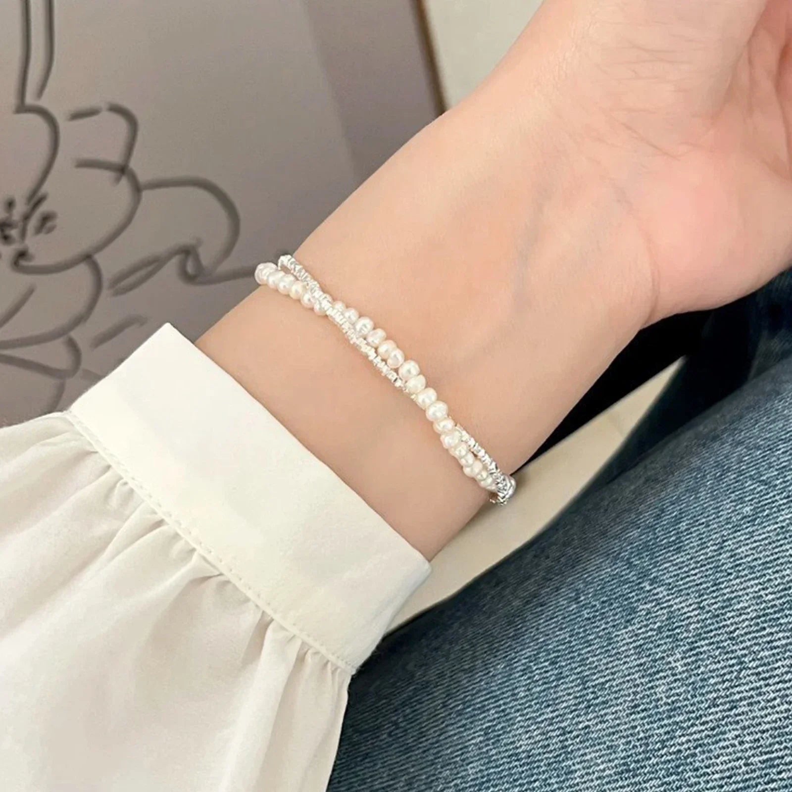 925 Silver Double Layer Pearl Bracelet for Women Girl Design Bead  Jewelry