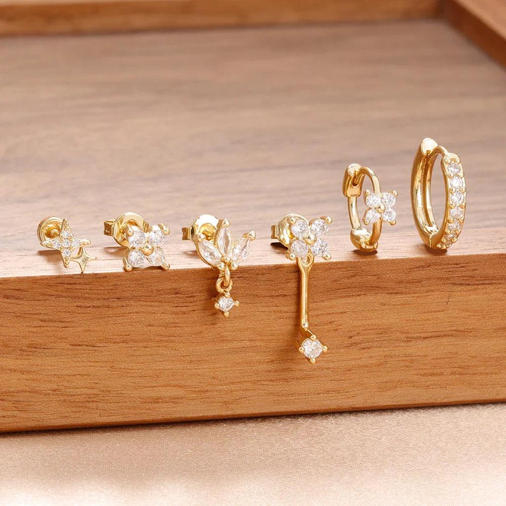 6PCS Fashion Cute Zircon Flower Ear Stud For Women Fashion 18K Gold Plated Star Ear Stud Earring Piercing Girl Set Jewelry Gift