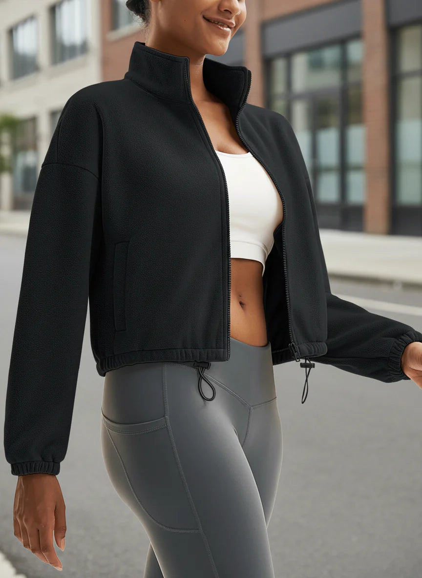 Winter Fleece Cropped Jacket with Stand Collar for Women - Image 9