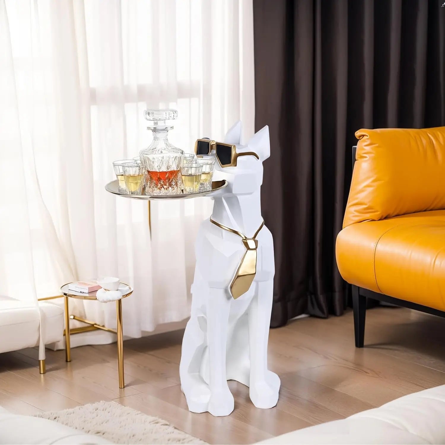 Modern Geometric Dog Statue Side Table with Tray Butlers Design Animal Decorative Table for Living Room Home Decor