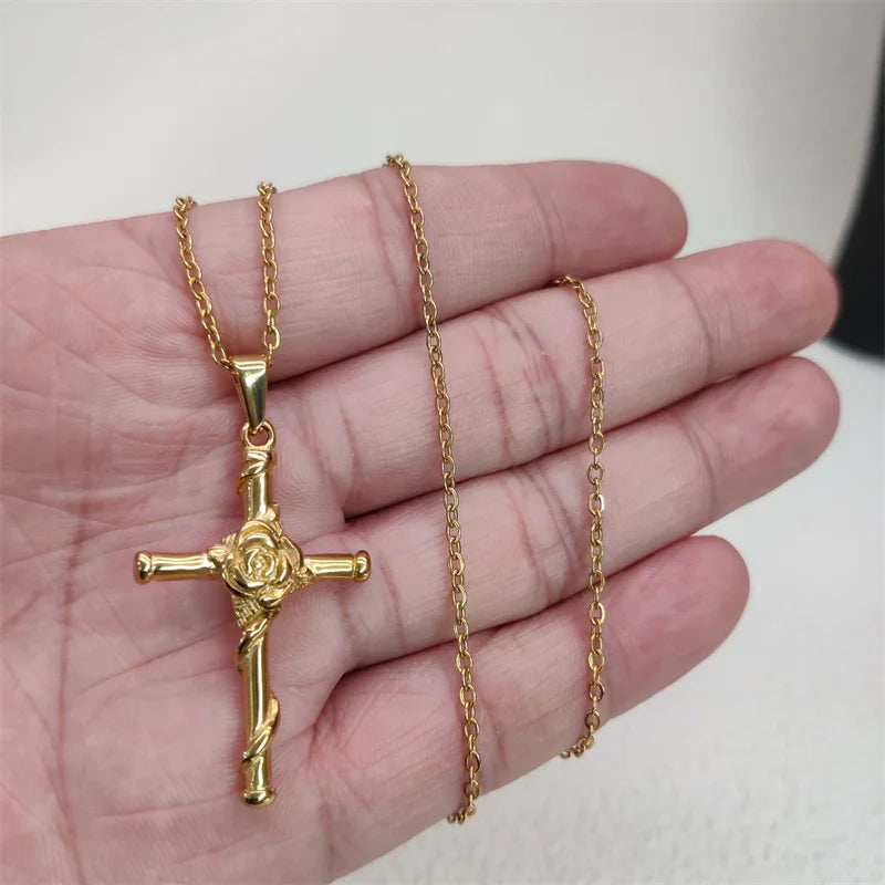 Waterproof Vintage 18k Gold Plated Stainless Steel Charm Rose Cross Pendant Necklace For Men Women Jewelry Gift