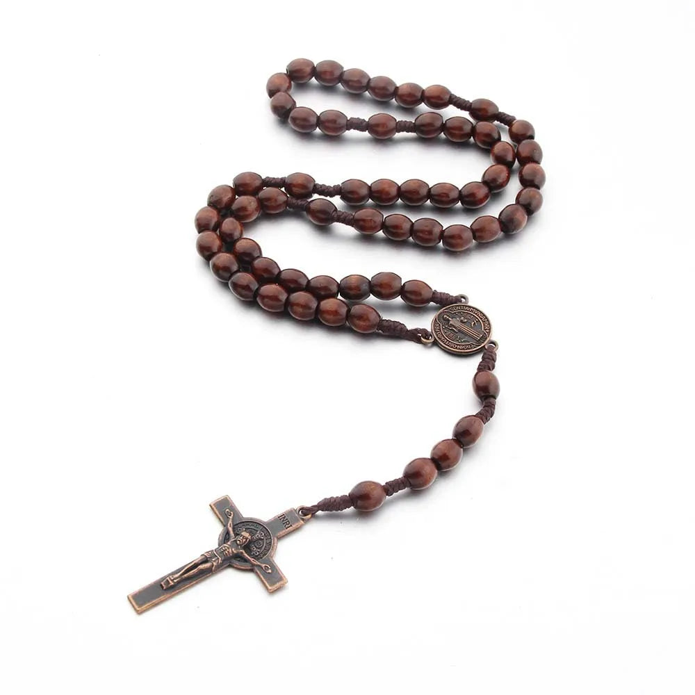 Handmade Wood Beads Rosary Necklace For Women Men Crucifix Cross Pendant Long braided Rope Chain Religious Prayer Jewelry