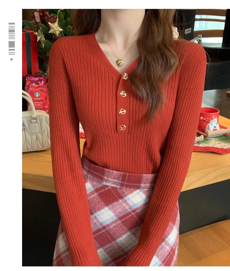 Women Beige Ribbed Button Down Long Sleeve Knitted Pullover Top - Image 6