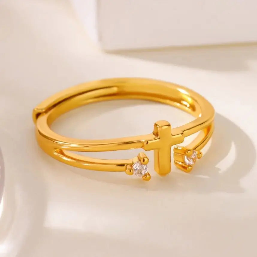 Zircon Cross Rings For Women Gold Color Stainless Steel Crystal Cross Adjustable Ring Religious Wedding Christmas Jewelry Gift