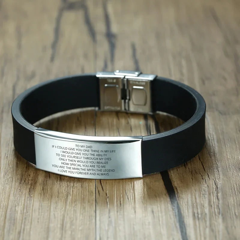 Vnox 16mm Father's Day Gift Bracelet,Black Rubber Silicone Bangle with Custom TO MY DAD Stainless Steel Bar,Men Casual Wristband