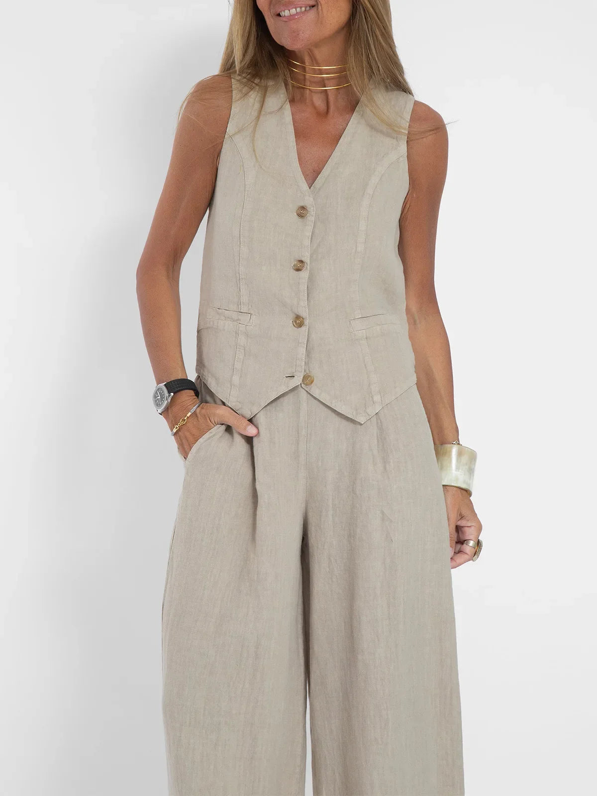 Women's Sleeveless Vest and Pants Set, Colorblock Two-Piece Suit