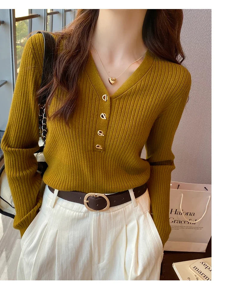 Women Beige Ribbed Button Down Long Sleeve Knitted Pullover Top - Image 33