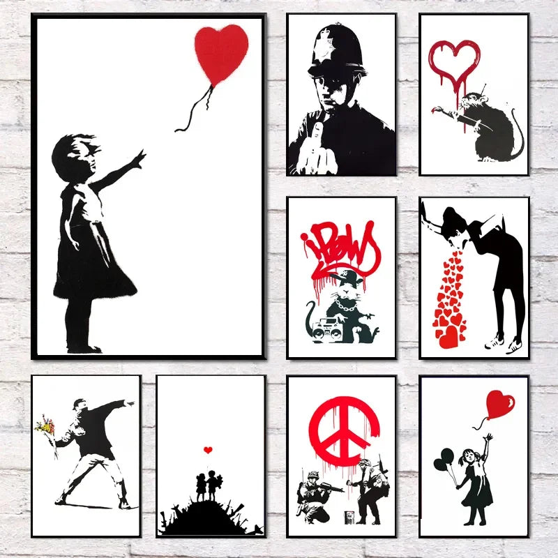 Girl and Red Balloon Banksy Art Nordic Characters Canvas Painting  Mural  Poster Living Room Bedroom Bar Home Decoration